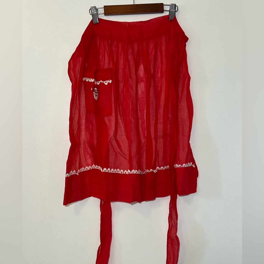 Vintage Red Sheer Apron w/ embroidered Santa & Pocket